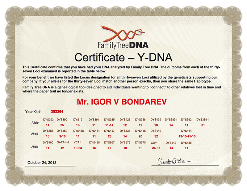 Igor V Bondarev, Y-DNA Certificate